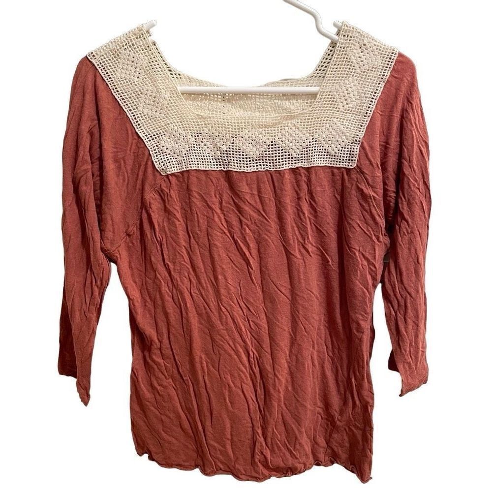 Tiny Blouse Womens L Red Clay 3/4 Length Shirt Crochet Square Neckline Cottage